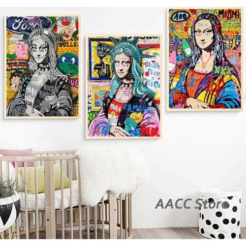 Graffiti Art Funny Mona Lisa Pop Art Cartoon Poster Canvas Prints Painting Wall Picture Street Art for Room One Piece Home Decor