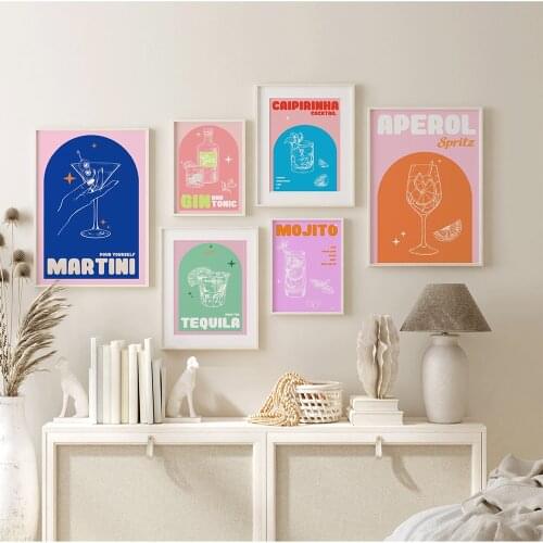 Cocktails Canvas Painting, Retro Poster, Mid Century Art , Modern Minimalist Wall Pictures, Vintage Liquor,Fashion Room Decor