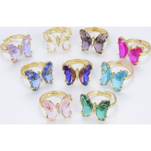 Gold Color Butterfly Ring Adjustable Ring Colorful Red Pink Purple Green Blue Butterfly Rings for Valentine Gift Elegant Jewelry