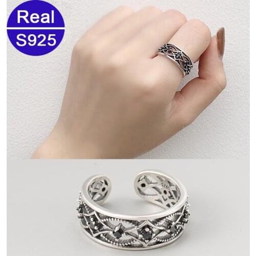 Red Trees Brand Adjustable Size Black Stone Vintage 925 Sterling Silver Rings For Woman Real Fine Jewelry Wholesale Dropshopping