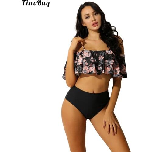 TiaoBug Summer 2Pcs Women Floral Print Swimsuit Bathing Suits Off Shoulder Ruffle Top Bikini Thong Sets Beachwear Swimwear
