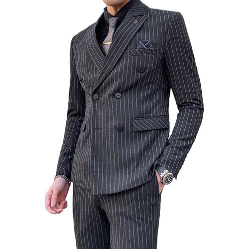 Jacket + Pants ) Fashion Boutique Striped Plaid Casual Business Mens Double breasted Suit Blazer Trousers Formal Wedding Dress