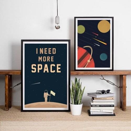 I Need More Space Quote Poster Wall Art Canvas Painting Prints Cartoon Outer Space Planets Cosmos Picture Boys Bedroom Decor