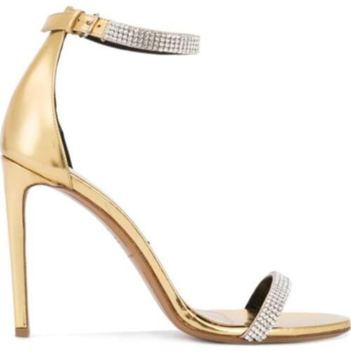 Fashion Gold Leather One Belt Designer Summer High Heel Sandals Women Crystal Concise Dress Shoes