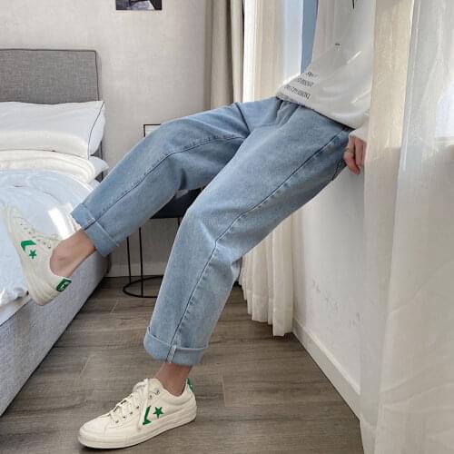 Men Vintage Kpop Light Blue Jeans 2021 Mens Casual Streetwear Loose Harem Pants Male Oversized High Waisted Denim Pants