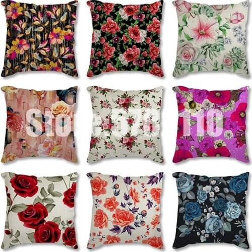 Pillow Covers 45*45 Showy & Colorful Polyester Cushion Cover Roses Flower Pattern Cotton Linen Throw Pillow Car Home Decoration