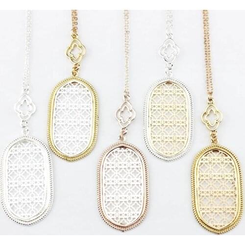 Cut Off Gold Filigree Magnolia Quatrefoil Oval Pendant Long Chain Statement Necklaces for Fashion Women