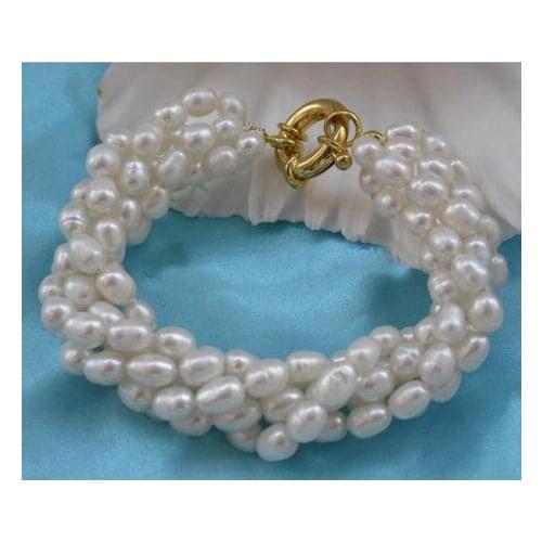 Unique Pearls jewellery Store 5rows 5x7mm White Rice Genuine Freshwater Pearl Bracelet Fine Jewelry Women Gift