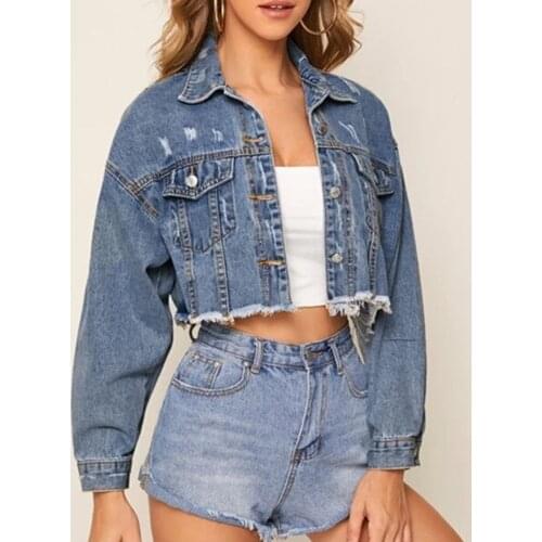 Womens Button Perforated Plus Size Denim Jacket Autumn Short Crop Coat Jean Jackets With Pocket Casual Tops Loose Outerwear 4