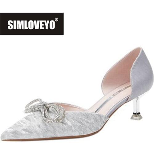 SIMLOVEYO New 2021 Women Pumps Pointed Toe 5cm Thin Heels Sexy Slip-on Crystal Bowtie Bling Stylish Size 39 Casual Wedding B2453
