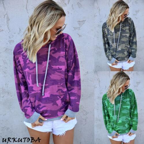 Women Casual Fashion Long Sleeve Camouflage Hoodie Lightweight Soft Pullover Fall Sweatshirt Purple Green