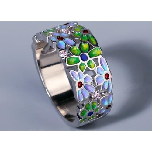 CIZEVA 925 Silver Ring for Women Two Tone Enamel Wedding Rings Women Elegant Flower Petal Ring Party Jewelry Silver Rings