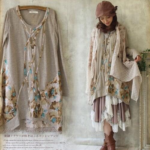 Mori Girl Floral Printed Dress Women Spring Autumn Patchwork Appliques Long Sleeved Cotton Vintage Female Vestidos Dress A119