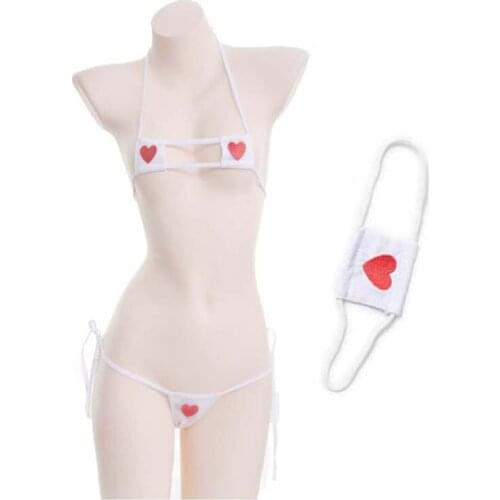 10 Pack Sexy Women Cute Anime Cosplay Kawaii Bra and Panty with Red Heart Eyepatch Mask Lingerie Set Mini Bikini