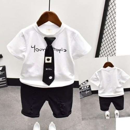 2021 2pcs Summer Baby Boy Children Gentleman Letter Printing Suit Tops + Short Boys Clothes Kids Clothes sets 2-7