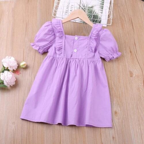 2021 Summer Girls Dress Fashion Kids Clothes Puff Sleeve Ruffle Princess Dress Cute Purple Children Dress No Bow