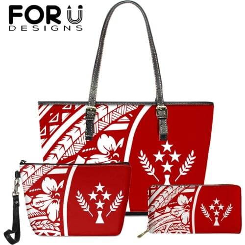 FORUDESIGNS 3Set Pu Leather Handbags for Ladies Kosrae Flag with Hibiscus Printed Girls Polynesian Tribe Shoulder Bag and Purse