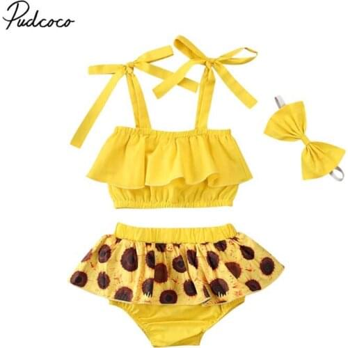 2020 Baby Summer Clothing Newborn Infant Baby Girl Sunflower Ruffled Tops Crop Shorts Dress 3PCS Outfit Clothes