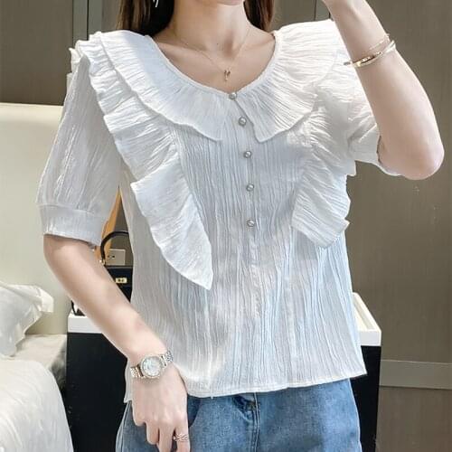 Women Blouses Turn-Down Collar Ruffles Summer Shirts Elegant Vintage Females Streetwear Short Sleeve Loose Female Chic New Tops