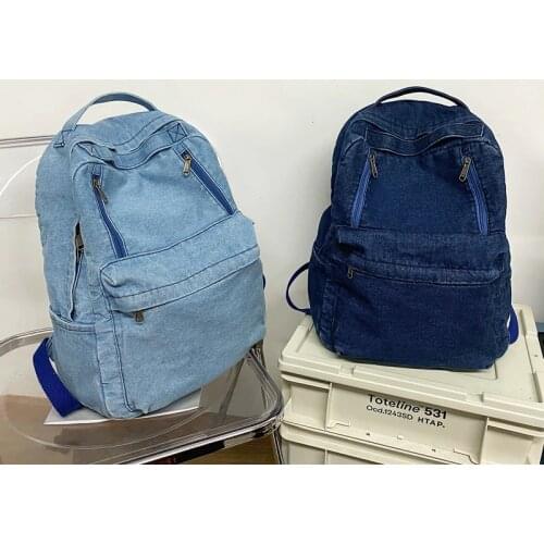 Large Capacity Canvas Backpack for Women Denim Blue Zipper Casual Backpack Unisex Student School Bag Simple Solid Color Backpack