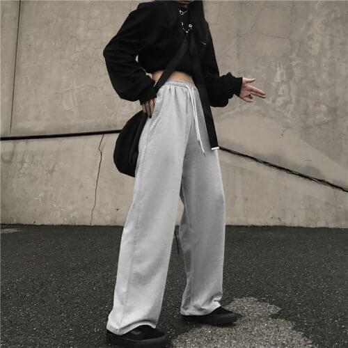 Black Cusual Pants Women Spring Summer Drawstring wide-leg pants Jogger Trousers With Harajuku Elastics High Waist Streetwear