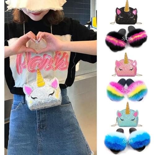 Childrens/Kids Fox Fur Slippers Cute Chain Bling Purse Womens Crossbody Jelly Mini Bags Shoes Sets Furry Slides Ladies Handbag