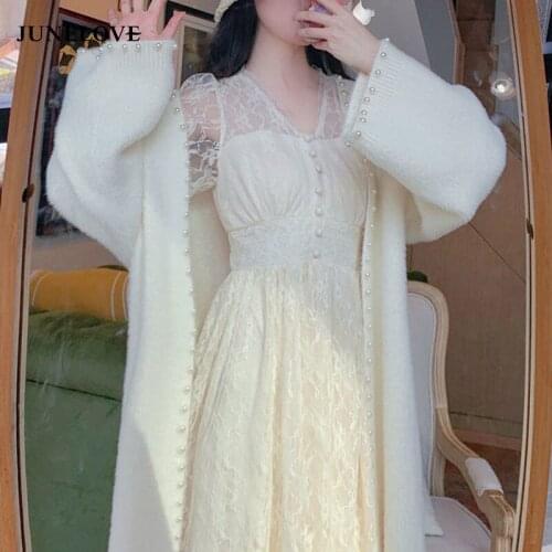 JuneLove Elegant Lace Long Sleeve Fairy Dress Winter One-piece Midi Dress For Women Party French V-neck Women Slim Korean Dress