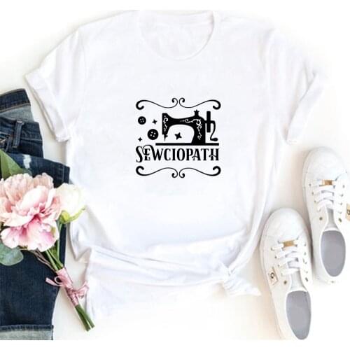Sewciopath Tee Shirt Femme Cute Sewing Machine Pattern Fashion Camiseta Mujer Interesting Casual TShirts Woman O-neck Tops