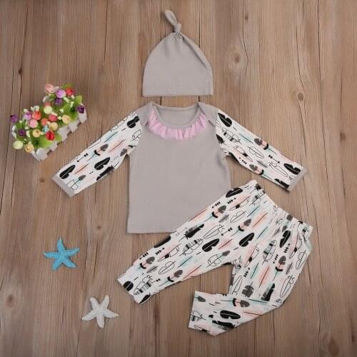 2020 New Hot Baby Girls Fashion 3-piece Outfit Set Long Sleeve Feather Print Top+Pants+Hat Set for Kids Baby Girls ropa de bebe
