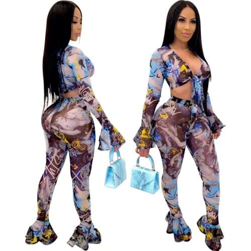 Fashion Print Sheer Mesh Sexy 2 Piece Sets Women Night Clubwear See Through Outfits Lace Up V Neck Crop Top and Pants Leggings