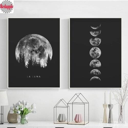 Minimalist Full Moon diamond embroidery Black White Moon Phases 3D embroidery Solar System Picture Painting Decoration wall art