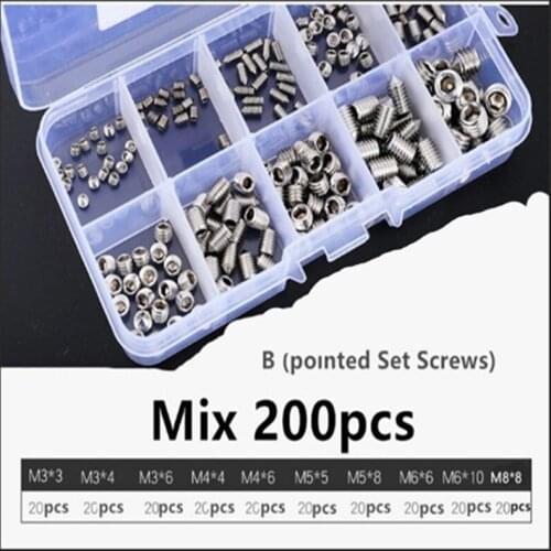 200/260pcs Hex hexagon socket cone point set screw assortment kit M3 M4 M5 M6 M8 stainless steel set screw with hex key