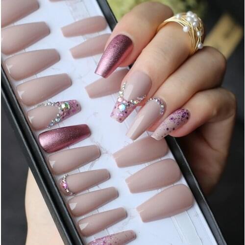 Handmade fashion gel V diamond french glitter nude color UV glossy match metal Coffin Fake nails Medium length