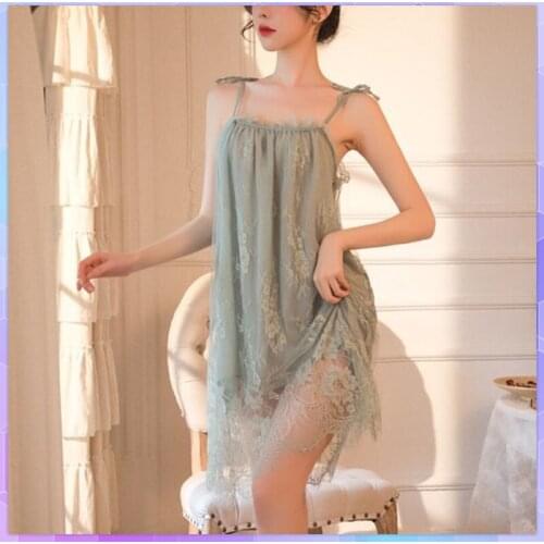 Women Sexy Night Dress Lace Nightgown Ice Silk Sleep Wear V Neck Night Gowns Female Temptation Stripe Dresses Summer Home Cloth