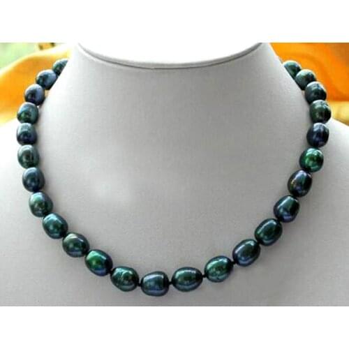 New 9-10mm New Tahitian Black Rice Natural Pearl Necklace 17Inch AAA