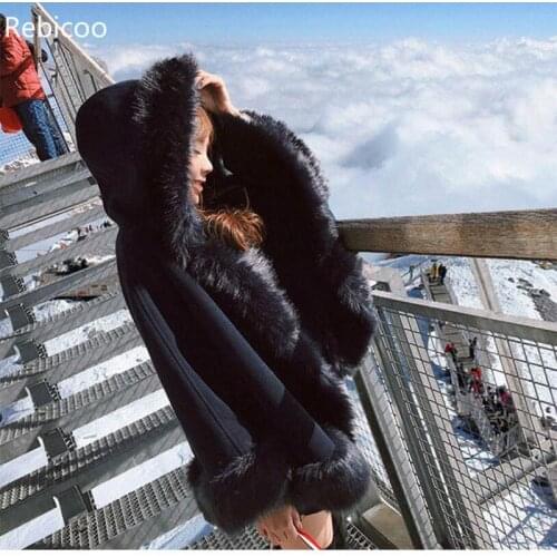 New Imitation Fox Fur Woolen Coat Winter Women Batwing Sleeve Hooded Shawl Cape Coat Female Loose Cloak Overcoat