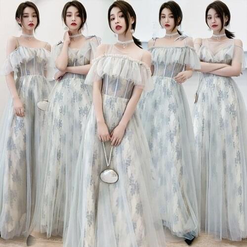 Bridesmaids Dress Illusion Short O-Neck A-Line Off The Shoulder Embroidery Floor-Length Tulle Lace Women Wedding Party Gown E252