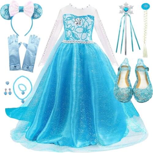 Princess Dresses Snow Queen Girls Fancy Anna Elsa Costume Birthday Party Cosplay Clothing With Long Cloak Wig Vestido XH28