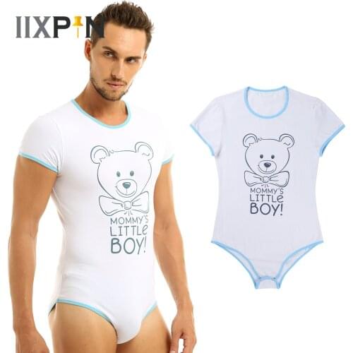 IIXPIN Mens Sexy Lingerie Gay Male Nightwear Mommys Little Boy Print Press Crotch Leotard Bodysuit Adult Baby Romper Pajamas