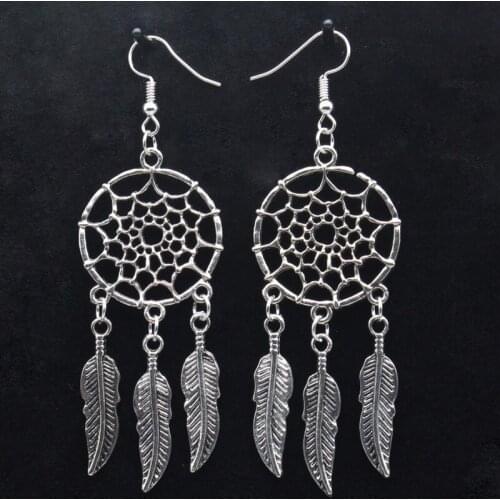 AMORUI Bohemia Style Dreamcatcher Feather Earrings Silver Color Summner Beach Vintage Fashion Tassel Drop Earrings For Women
