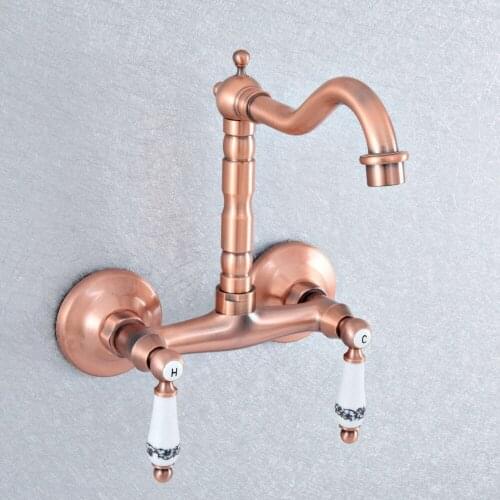 Bathroom Antique Red Copper Faucet Wall Mounted Double Handle Swivel Spout Hot and Cold Mixer Faucet Nsf895
