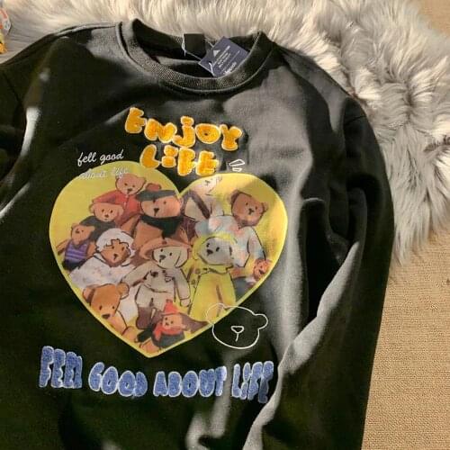 Kawaii Bear Family Cartoon Sweatshirts Vintage Women Hip Hop Streetwear Teens Clothes Harajuku 2021 Autumn Japanese Fashion Tops