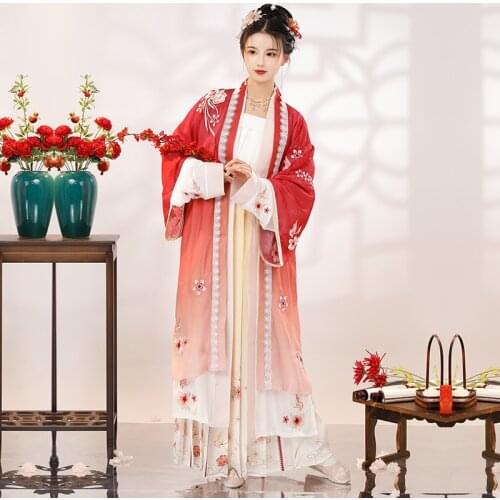 XinHuaEase Ancient 4pc Suit of Hanfu Dresses Womens Beizi Long Shirt Chinese Traditional Folk Costume Girl Song Dynasty Pink