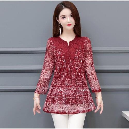 Middle-aged V-neck Blouse Shirts 2021 New Long Sleeve Chiffon Lace Print Women Plus Size Oversize Blouses Blusa Mujer