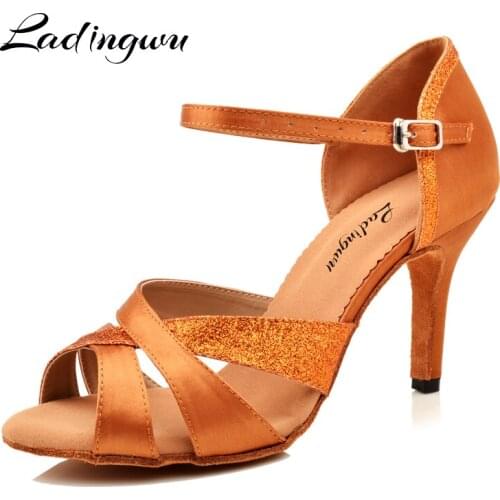 Ladingwu Dance Shoes Latin Woman Salsa Satin And Glitter Ballroom Dance Shoes Party For Women Brown shoes Dancing heels 10cm