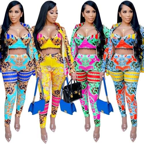 SUJYing Band Ladies Set Retro Print Sexy 3-piece Set Crop Top Long Mouw Coat En Potlood Leggings Broek set Suit Outfit