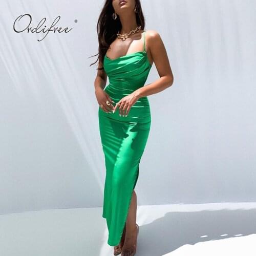 Ordifree 2021 Summer Women Long Satin Slip Dress Backless Spaghetti Strap Sexy Bodycon Green Slit Maxi Party Dress