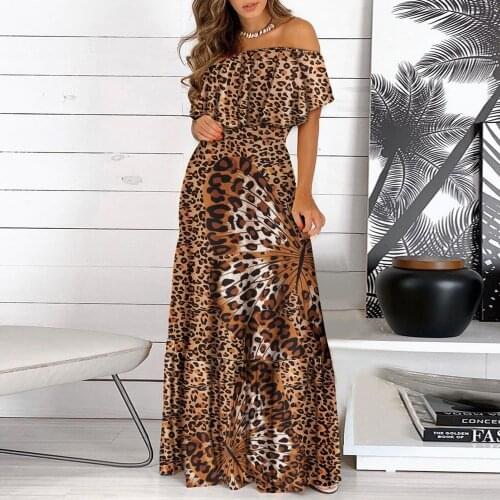 Fashion Leopard Print Long Dress Ruffle Slash Neck Short Sleeve Maxi Sundress Bohemian Women Summer Sexy Casual Elegant Vestido