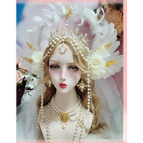 Goddess Halo Hair Crown Flower Wedding Angel Feather Wing Headband Ancient Lolita Gorgeous Baroque Pearl tassel Tiara Headdress