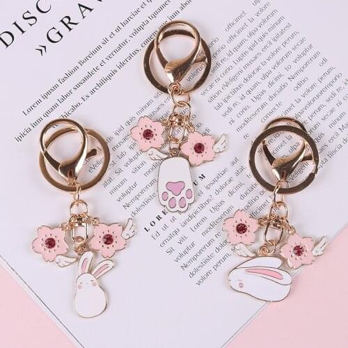1Pc Cute Enamel Flower Wing Rabbit Keychain Keyring For Women Girl Jewelry Cute Animal Car Handbag Key Holder Decoration K127